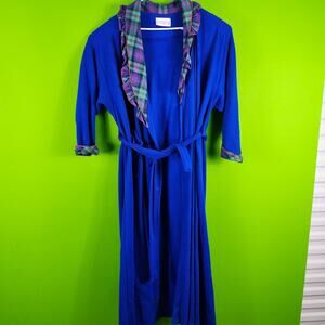Vintage Kittens Womens Royal Blue Fleece Robe With Plaid Trim & Belt